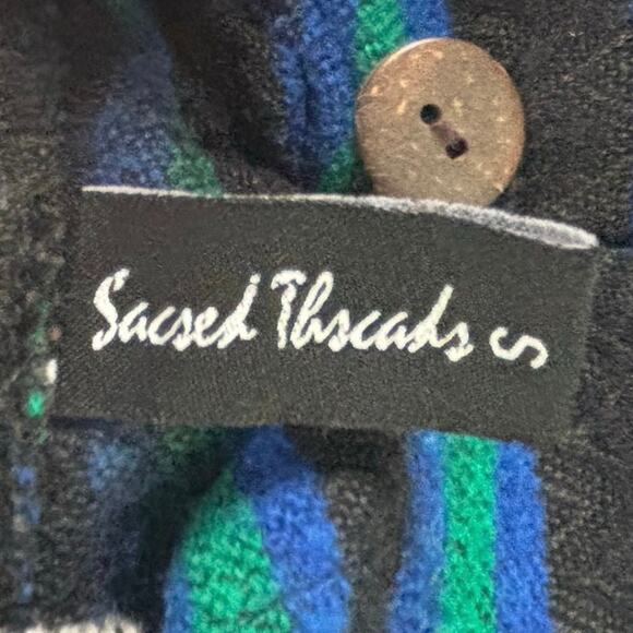 SACRED THREADS Hooded/Multicolored Striped/Fringe Hem Mexican Poncho Size S - Picture 9 of 10